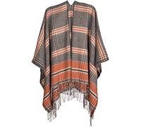 styleBREAKER Damen Poncho Cape Glencheck Karo Fransen, Orange-Schwarz-Weiß