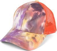 styleBREAKER Damen Ponytail Baseball Cap im Batik Look mit Mesh Einsatz, Basecap, Klettverschluss verstellbar 04023081, Farbe:Violett-Rose-Orange