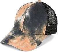 styleBREAKER Damen Ponytail Baseball Cap im Batik Look mit Mesh Einsatz, Basecap, Klettverschluss verstellbar 04023081, Farbe:Orange-Schwarz
