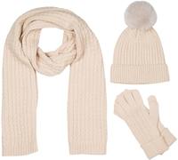 styleBREAKER Damen Set 3-Teilig aus Schal, Bommelmütze und Handschuhe, Zopfmuster Strickschal Warm Winter Einfarbig 01018270, Farbe:Beige