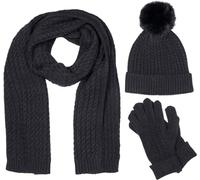 styleBREAKER Damen Set 3-Teilig aus Schal, Bommelmütze und Handschuhe, Zopfmuster Strickschal Warm Winter Einfarbig 01018270, Farbe:Schwarz
