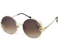styleBREAKER Damen Sonnenbrille mit Zahnrad Applikation an den runden Gläsern, Metall Gestell, Retro Look 09020127, Farbe:Gestell Gold/Glas Braun Verlauf