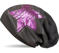 styleBREAKER Damen Strick Beanie Mütze mit Vintage Stern Print und Strass Rand, Strickmütze mit Streifen Muster 04024083, Farbe:Dunkelgrau/Pink