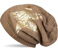 styleBREAKER Damen Strick Beanie Mütze mit Vintage Stern Print und Strass Rand, Strickmütze mit Streifen Muster 04024083, Farbe:Braun/Gold