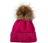 styleBREAKER Damen Strick Bommelmütze Einfarbig mit Pailletten und Fleece Futter, Winter Fellbommel Mütze, Strickmütze 04024210, Farbe:Pink
