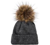 styleBREAKER Damen Strick Bommelmütze Einfarbig mit Pailletten und Fleece Futter, Winter Fellbommel Mütze, Strickmütze 04024210, Farbe:Dunkelgrau