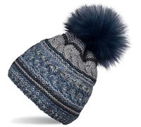 styleBREAKER Damen Strick Bommelmütze mit Buntem Mustermix und Fleece Futter, Winter Fellbommel Mütze, Strickmütze 04024202, Farbe:Dunkelblau-Grau