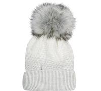 styleBREAKER Damen Strick Bommelmütze mit Farbverlauf und Fleece Futter, Winter Fellbommel Mütze, Strickmütze 04024205, Farbe:Hellgrau-Weiß