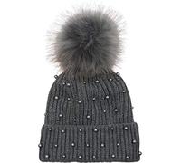 Bommelmütze STYLEBREAKER "Strick Bommelmütze mit Perlen und Fleece Futter", Damen, grau, 100% Viskose CV., Modisch, Mützen (15023238-0) grau