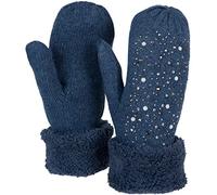 styleBREAKER Damen warme Winter Strick Fäustlinge mit Strass und Perlen, Handschuhe, Thermo Fleece, Strickhandschuhe 09010039, Farbe:Jeansblau