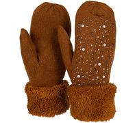 styleBREAKER Damen warme Winter Strick Fäustlinge mit Strass und Perlen, Handschuhe, Thermo Fleece, Strickhandschuhe 09010039, Farbe:Cognac