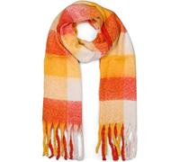 styleBREAKER Damen Web Strickschal mit buntem Karo Muster und langen dicken Fransen, warmer Winter, Stola 01017138, Farbe:Rot-Weiß-Curry