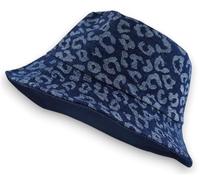styleBREAKER Damen Wendehut 2-in-1 | Reversible Bucket Hat mit Leopard Print & Unifarbener Denim-Seite | Jeans Fischerhut für Freizeit, Strand, Festival, Sommerhut aus Baumwolle, Farbe:Dunkelblau