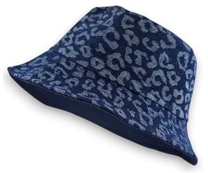 styleBREAKER Damen Wendehut 2-in-1 | Reversible Bucket Hat mit Leopard Print & Unifarbener Denim-Seite | Jeans Fischerhut für Freizeit, Strand, Festival, Sommerhut aus Baumwolle, Farbe:Dunkelblau