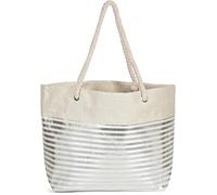 styleBREAKER Damen XXL Strandtasche mit Reißverschluss und Metallic Glitzer Streifen | große Badetasche für Familie oder Shopping | 58 x 38 x 20 cm, Farbe:Beige-Silber