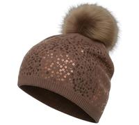 styleBREAKER Feinstrick Bommelmütze mit Pailletten und abnehmbarem Kunstfell Bommel, Fellbommel Mütze, Damen 04024134, Farbe:Braun