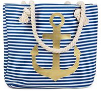 styleBREAKER gestreifte Strandtasche mit Anker Print | maritimer Shopper mit Kordelgriffen | Badetasche groß 46 x 34 x 12 cm, Farbe:Blau-Weiß/Gold
