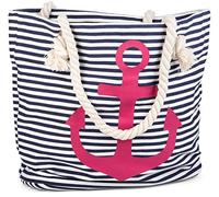 styleBREAKER gestreifte Strandtasche mit Anker Print | maritimer Shopper mit Kordelgriffen | Badetasche groß 46 x 34 x 12 cm, Farbe:Marine-Weiß/Pink