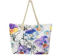 styleBREAKER Große Strandtasche mit buntem Veilchen Blüten Print | Damen Shopper mit Reißverschluss und Kordelhenkel | XXL Badetasche 57 x 39 x 16 cm, Farbe:Weiß-Violett-Blau