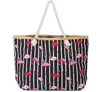 styleBREAKER Große Strandtasche mit Flamingo Print und Streifen Design | Damen Shopper mit Kordelhenkel und Reißverschluss | Badetasche mit Bast-Detail | 58 x 37 x 13 cm, Farbe:Schwarz-Weiß