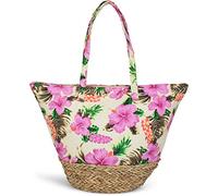 styleBREAKER Große Strandtasche mit Hibiskus Blumen Print | Damen Shopper mit Bastboden und Reißverschluss | Bunte Badetasche mit Tropenflair | 46 x 36 x 16 cm, Farbe:Gelb