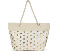 styleBREAKER Große Strandtasche mit Metallic Punkte Print | Damen Shopper mit Kordelhenkel und Reißverschluss | Badetasche im Boho Look | 56 x 38 x 17 cm, Farbe:Beige-Gold