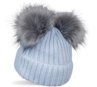 styleBREAKER Kinder Strick Bommelmütze mit 2 Kunstfellbommel und Fleece Futter, Winter Mütze, Strickmütze, 2-5 Jahre 04024203, Farbe:Hellblau