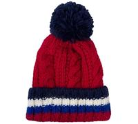 styleBREAKER Kinder Strick Bommelmütze mit Zopfmuster und gestreifter Krempe, Fleece Futter Winter, 3-5 Jahre 04024206, Farbe:Bordeaux-Rot-Dunkelblau