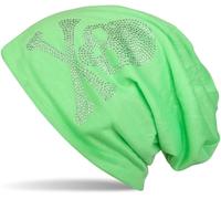 styleBREAKER Klassische Beanie Mütze mit Totenkopf Strass Applikation, Unisex 04024034, Farbe:Neongrün, Materialart:leicht