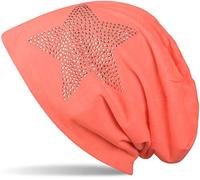 Beanie STYLEBREAKER "Leichte Beanie mit Strass Stern", Herren, orange (neonorange), Obermaterial: 50% Viskose CV. 50% Baumwolle CO., Modisch, Mützen Beanie (26281869-0) neonorange