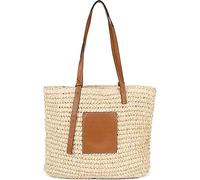styleBREAKER Korbflecht Schultertasche aus Papierstroh mit Kunstleder Details | Damen Shopper Basttasche geflochten mit Reißverschluss | Strandtasche 43 x 34 x 4 cm, Farbe:Beige