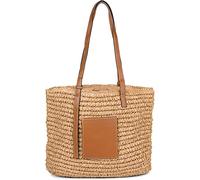 styleBREAKER Korbflecht Schultertasche aus Papierstroh mit Kunstleder Details | Damen Shopper Basttasche geflochten mit Reißverschluss | Strandtasche 43 x 34 x 4 cm, Farbe:Braun