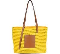 styleBREAKER Korbflecht Schultertasche aus Papierstroh mit Kunstleder Details | Damen Shopper Basttasche geflochten mit Reißverschluss | Strandtasche 43 x 34 x 4 cm, Farbe:Gelb