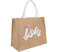 styleBREAKER Leinen Henkeltasche mit LOVE Statement Print und Blumenmotiv | Damen Shopper mit Reißverschluss | Sommer Strandtasche 41 x 33 x 17 cm, Farbe:Braun