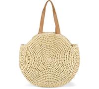 styleBREAKER runde Damen Basttasche mit langen Henkeln | Geflochtene Korbtasche als Strandtasche oder Shopper | Großes Hauptfach mit Reißverschluss, Farbe:Beige