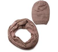 styleBREAKER Schal und Mütze Kombi Set, gestreifter Glattstrick Loop Schlauchschal mit Strick Beanie Mütze 01018204, Farbe:Braun-Altrose