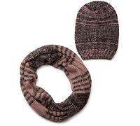 styleBREAKER Schal und Mütze Kombi Set, gestreifter Glattstrick Loop Schlauchschal mit Strick Beanie Mütze 01018204, Farbe:Schwarz-Rose