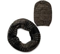 styleBREAKER Schal und Mütze Kombi Set, gestreifter Glattstrick Loop Schlauchschal mit Strick Beanie Mütze 01018204, Farbe:Braun-Schwarz