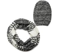 styleBREAKER Schal und Mütze Kombi Set, gestreifter Glattstrick Loop Schlauchschal mit Strick Beanie Mütze 01018204, Farbe:Schwarz-Weiß