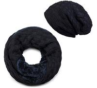 styleBREAKER Strick Loop Schal und Beanie Mütze Set mit Flecht Muster, Fleece Innenfutter, Winter, Unisex 01018211, Farbe:Midnight-Blue