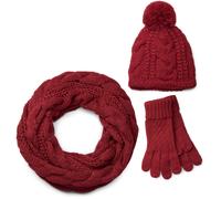 styleBREAKER "Strick Schal, Mütze & Handschuh Set mit Zopfmuster" 3 Stk. (37756219-0) bordeaux, rot, loop schlauchschal