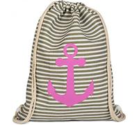 styleBREAKER Turnbeutel Rucksack im maritimen Design mit Streifen und Anker Print, Sportbeutel, Unisex 02012052, Farbe:Oliv-Weiß/Pink