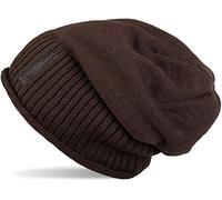 styleBREAKER Unisex Beanie Mütze mit Fleece Innenfutter und Label | Warme Winter Strickmütze aus Feinstrick | Elastische Longbeanie für Damen und Herren, Farbe:Dunkelbraun