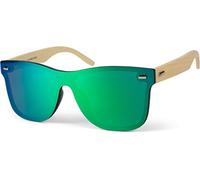 styleBREAKER Unisex Monoglas Nerd Sonnenbrille mit Bambus Bügeln und Polycarbonat Glas, Retro Style 09020112, Farbe:Gestell Hellbraun/Glas Grün-Blau verspiegelt
