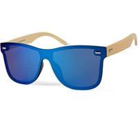 styleBREAKER Unisex Monoglas Nerd Sonnenbrille mit Bambus Bügeln und Polycarbonat Glas, Retro Style 09020112, Farbe:Gestell Hellbraun/Glas Blau verspiegelt