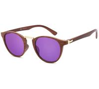 styleBREAKER Unisex Sonnenbrille Panto Holzoptik | Runde Retro Brille UV400 | Modisches Wood Look Design (Kunststoff) inkl. Etui & Tuch, Braun-Gold/Lila verspiegelt