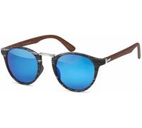 styleBREAKER Unisex Sonnenbrille Panto Holzoptik | Runde Retro Brille UV400 | Modisches Wood Look Design (Kunststoff) inkl. Etui & Tuch, Schwarz-Silber/Blau verspiegelt