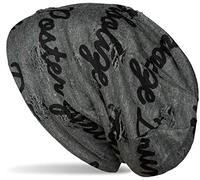 styleBREAKER Unisex Stoff Beanie Mütze mit Sprüche Print und Rissen im Destroyed Vintage Used Look 04024182, Farbe:Dunkelgrau