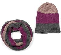 styleBREAKER Unisex Strick Loop Schal und Mütze Set mit Streifen Muster, Strickschal mit Beanie Strickmütze, Winter 01018215, Farbe:Grau-Himbeer-Altrose