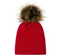 styleBREAKER Unisex warme einfarbige Strick Bommelmütze mit Zacken Muster, Abnehmbarer Kunstfellbommel, Winter Mütze 04024181, Farbe:Weinrot